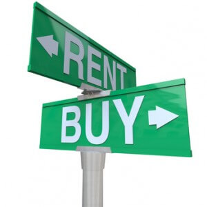 A green two-way street sign pointing to Buy and Rent, symbolizing being at a crossroads and deciding between renting a house, car or other object versus the benefits of buying
